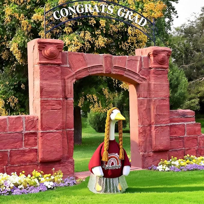 Graduation Porch Goose Outfit 2026, Vintage Senior Portrait Porch Decor, Rainbow Dress with Double Braids for 23" Gooses Statue, Graduation Party Patio Yard Decoration, Grad Gift for Her