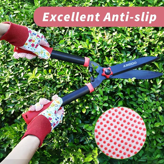 DOFOWORK Gardening Gloves, 4 Pair Floral Garden Gloves for Women with Dots | Soft Comfortable Fabric,Cute Floral Pattern,Anti-slip PVC Dots,Designed for Ladies,Yard Planting & Daily Gardening Work