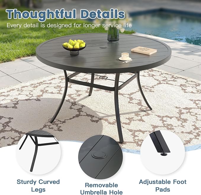 DIFY Patio Dining Set for 6, 7 Piece Outdoor Table and Chairs Set, 50" Black Round Metal Patio Dining Table and 6 Grey Textilene Stackable Patio Chairs, for Backyard Garden Poolside