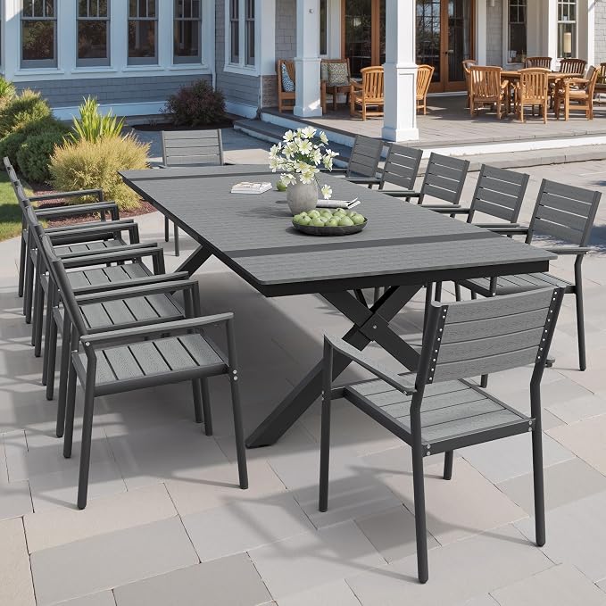 Pellebant 13 Piece Patio Table and Chairs Set for 12, Aluminum Outdoor Dining Set with Umbrella Hole, Stackable Dining Chairs & 118" Dining Table, Grey