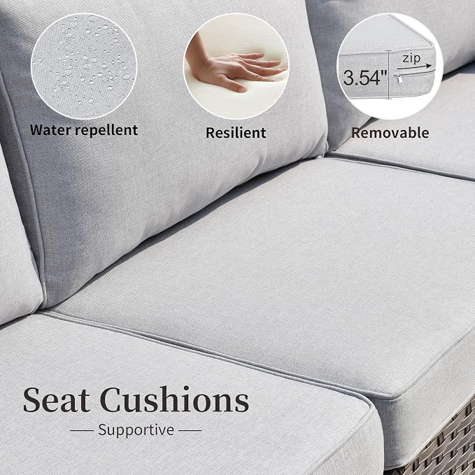 HOOOWOOO 8 Piece Patio Sectional Furniture Set with Fire Pit Table,Modern Wicker Outdoor Conversation Sofa Sets,Weather Resistant Modular L Shaped Outside Couch Set(Light Grey)