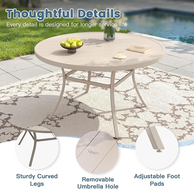 DIFY 7 Piece Outdoor Patio Dining Set for 6, Patio Table and Chairs Set with Umbrella Hole, 50" Round Dining Table and Stackable Metal Chairs for Backyard Garden Poolside, Sandshell