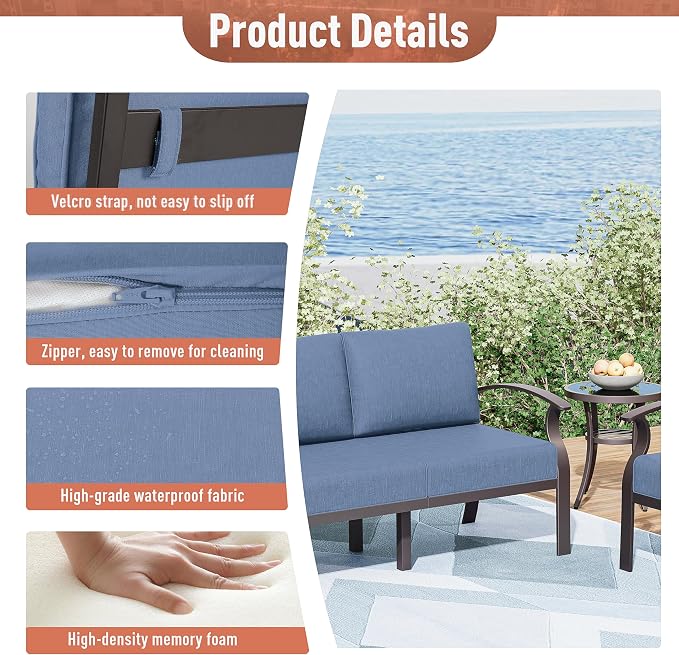 Kurapika Aluminum Patio Furniture Set 5-Seat Modern Metal Outdoor Conversation Sets w/45in Propane Fire Pit Table, Swivel Rocking Chairs Patio Sectional Sofa w/5.1in Cushion, Navy Blue