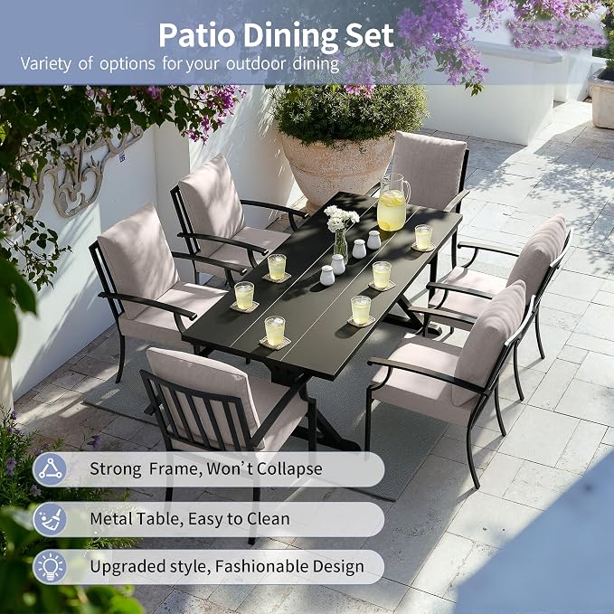 Kullavik 7 Pcs Outdoor Dining Set,Patio Dining Table and Chairs Set for 6,Fence Pattern Back Chairs with Thickened Cushions & X-Frame Metal Dining Table with Umbrella Hole for Patio,Sand