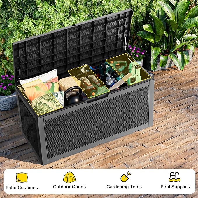 120 Gallon Waterproof Outdoor Storage Box,Resin Deck Box,Lockable Outside Storage Box Container for Patio Furniure,Garden,Tools (120 Gallon,Black)