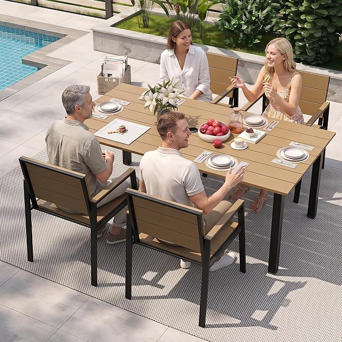 Outdoor Table and Chairs for 4 Aluminum Patio Dining Set with Umbrella Hole | All Weather,HDPS Material,Oversized,5 Piece,for Backyard,Rot-Fade-Crack Proof,Maintenance-Free,Sturdy,Heavy-Duty,Chocolate
