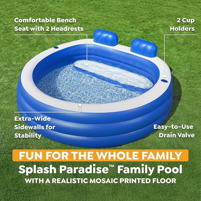H2OGO! Inflatable Family Pool, Splash Paradise 7'7" x 7'2" x 31" Outdoor Inflatable Swimming Pool for Kids and Adults - Bench Seat, Headrests, & Cupholders