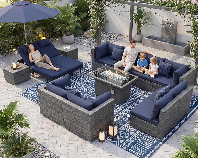 NICESOUL 13 Piece Outdoor Patio Furniture Set with Fire Pit, Extra Large 29.3'' High Back Patio Sofa Set w/Lounges, Oversized Wicker Outdoor Sectional with Fire Pit for Deck, Lawn, Yard, Gray & Navy