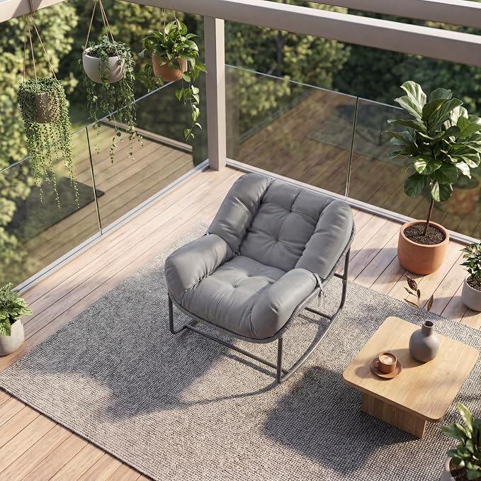 GarveeLife Outdoor Lounge Rocking Chair, Iron Frame Patio Rocker Chair with Cushion, Gray Relaxing Outdoor Chair for Patio and Backyard