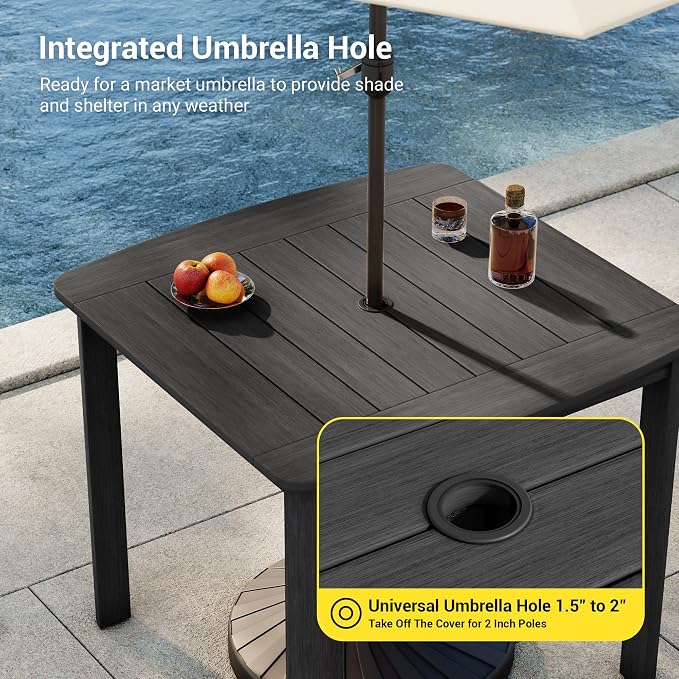 5-Piece HDPE Outdoor Dining Set for 4, Outdoor Table and Chairs | Weather Resistant Patio Table and Chairs set, Square Table with Umbrella Hole for Garden, Backyard, Lawn and Poolside, Black