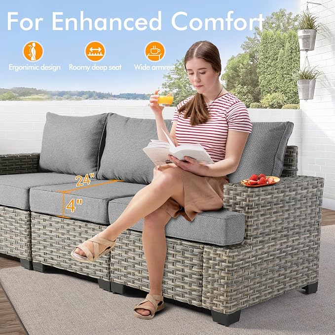 10 Pcs Outdoor Sectional Patio Furniture Set with Fire Pit Table - All Weather Wicker Modular Outside Sectional Couch,Patio Seating Outdoor Conversation Sets for Deck Yard Garden,Dark Grey