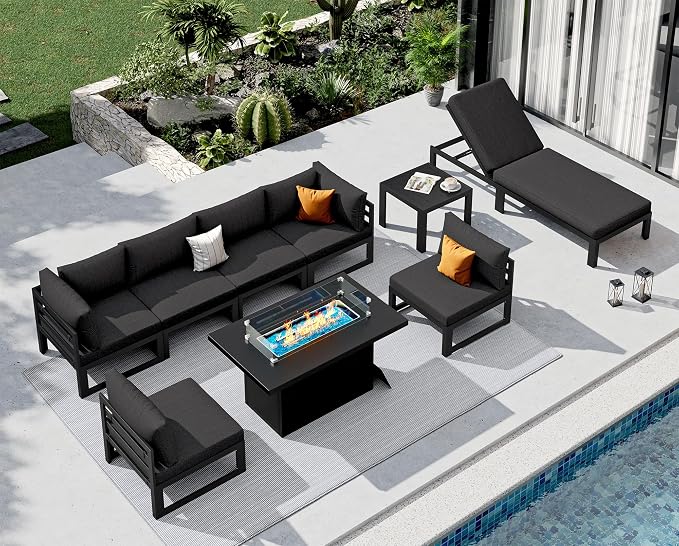 NICESOUL 9 Piece Oversized Modular Aluminum Outdoor Furniture Set with Chaise Lounge, 29" Deep and Wide Sectional Seating, 500 lbs High Weight Capacity Patio Conversation Set for Poolside Deck, Black