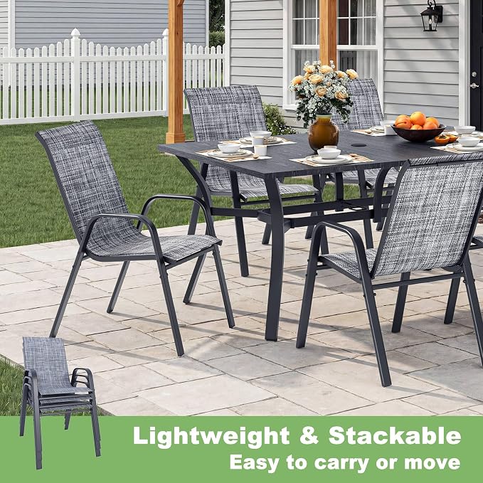Outdoor Dining Set for 6, Patio Metal Table and Chairs Set with 1.97'' Umbrella Hole, 7pcs Patio Furniture Set 63”x37.8” Dining Table Set with Stackable Chairs for Backyard Pool Deck