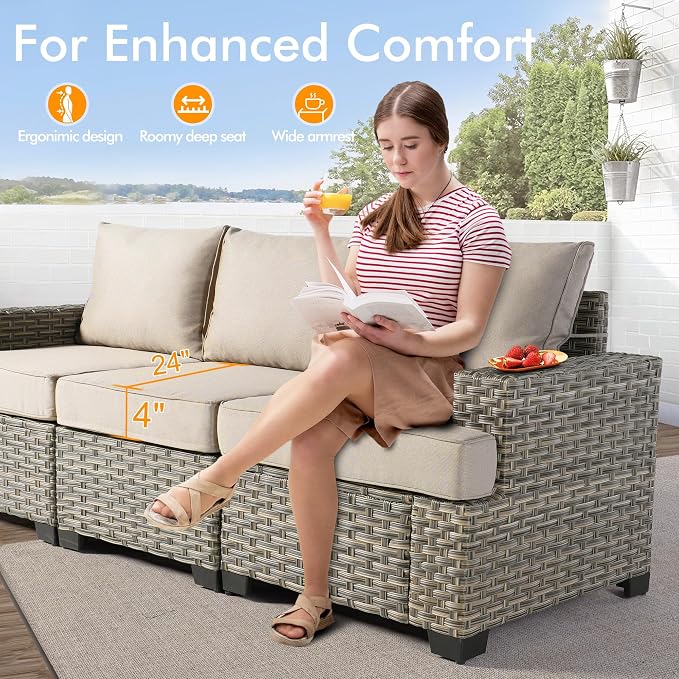 6 Pcs Outdoor Sectional Patio Furniture Set - All Weather Wicker Modular L Shaped Outside Sectional Sofa Couch,Patio Seating Outdoor Conversation Sets for Deck Yard Garden,Beige