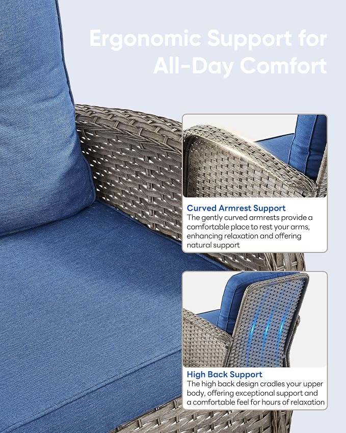 7 Pieces Patio Furniture-Patio Swivel Chairs Set of 2 Outdoor Glider Bench Rocking Chair with Patio Ottomans Patio Conversation Sets for Deck Porch Garden Balcony Poolside-Grey/Blue