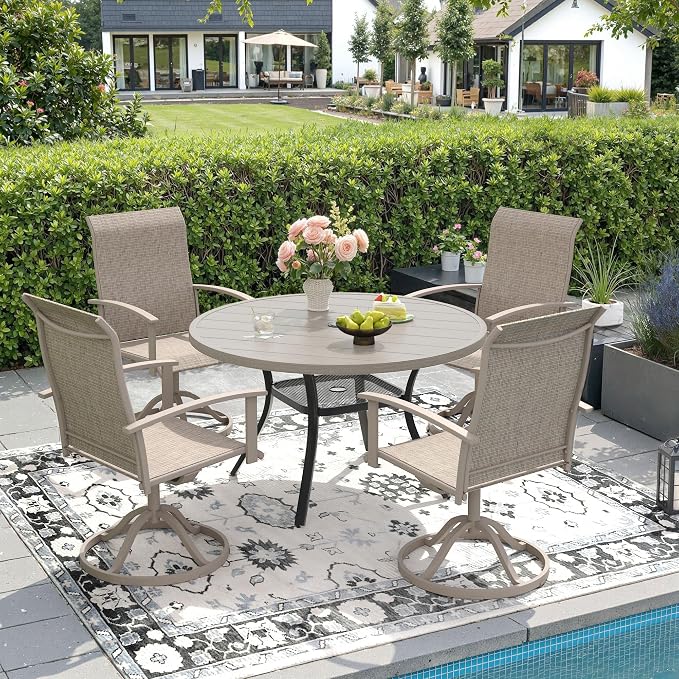 DIFY 5 Pieces Outdoor Dining Set for 4, 40.6" Grey Wood-Like Round Metal Table with Umbrella Hole and Sandshell Textilene Swivel Patio Chairs, Patio Table and Chairs Set for Garden, Backyard, Poolside