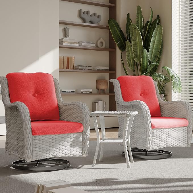 Joyside Outdoor Rocker Swivel Patio Chairs Set of 4 with 2 Matching Side Tables - 6 Pieces Patio Wicker Conversation Set with Premium & Soft Fabric Cushions(Light Grey/Red)