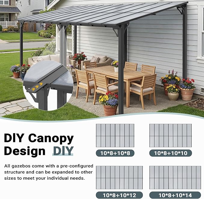 AirWire 10x16 FT Gazebo, Pergola Awnings for Patio with Hardtop Gazebos on Clearance, Patio Covers for Shade and Rain, Lean to Gazebo Sunroom Patio Canopy Outdoor Pergolas for Patios, Decks, Backyard