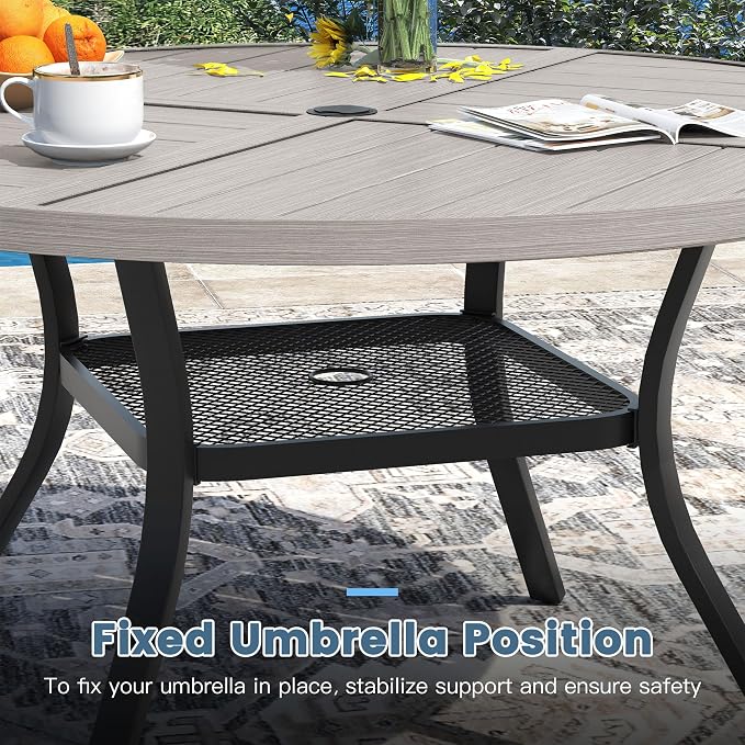 DIFY 5 Pieces Outdoor Dining Set, Metal Patio Table and Chairs Set for 4 with Umbrella Hole, 40.6" Grey Wood-Like Round Table and Sandshell Textilene Swivel Patio Chairs for Garden, Backyard, Poolside