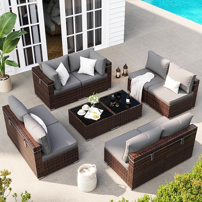 Patio Furniture Set, Modular 10-Piece Patio Conversation Sets with Coffee Table, All-Weather Wicker Outdoor Sectional for Backyard and Balcony, Grey (Waterproof Covers Included)
