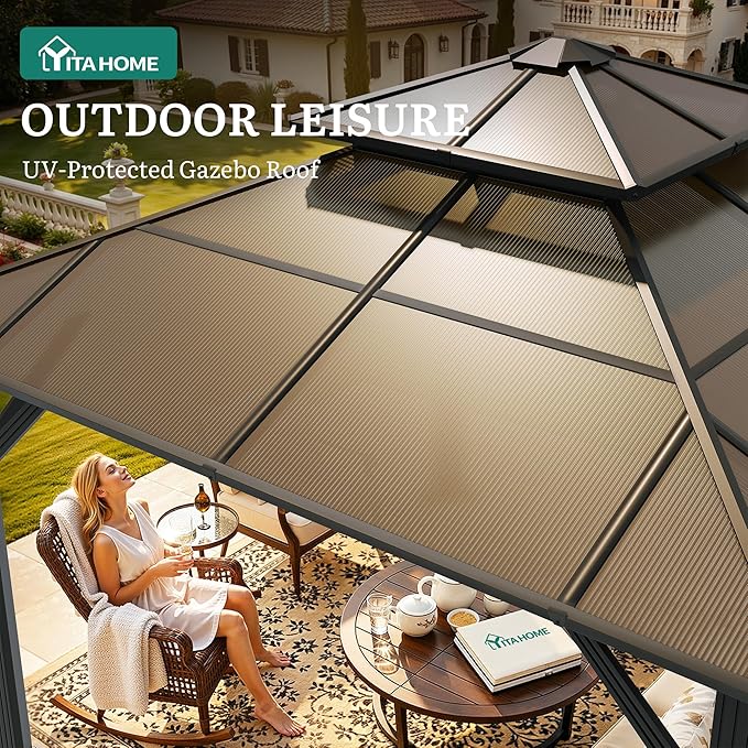 YITAHOME 10X10FT Polycarbonate Gazebo Outdoor Patio Double Top Canopy Galvanized Iron Aluminum Column Garden Tent Curtains Netting for Backyards Decks Lawns,Brown