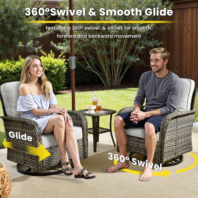 3 Pieces Patio Furniture Set, Outdoor Swivel Rocker Patio Chairs with Coffee Table, All Weather Thickened Cushion Patio Conversation Set for Porch Balcony Deck Poolside Garden Sunroom, Grey