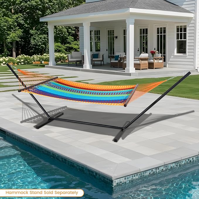 Lazy Daze Hammocks 10.5 FT Double 2 Person Caribbean Rope Hammock, Hand Woven Polyester Hammock with Spreader Bars, for Outside Outdoor Backyard Patio Poolside, 450 LBS Capacity, Multicolor