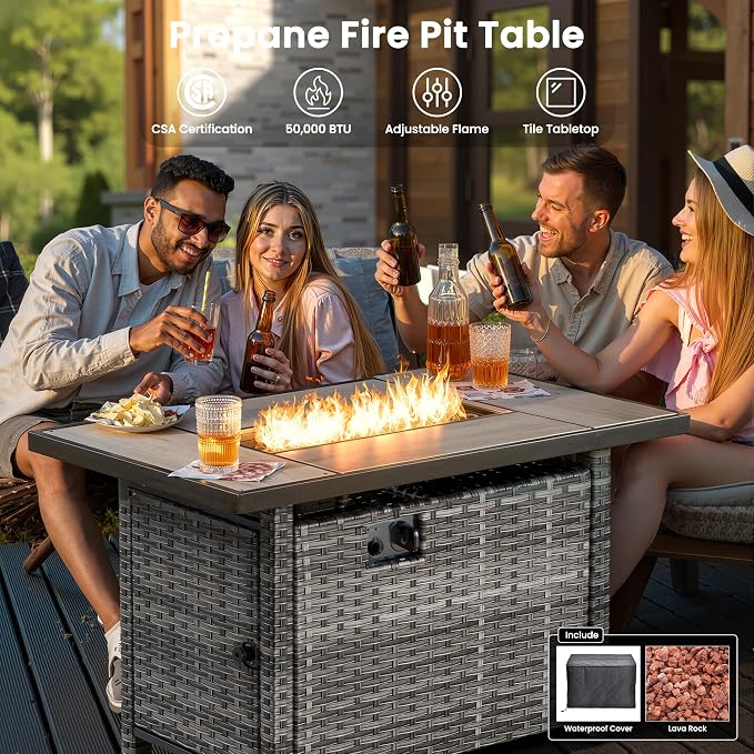 ovios 6 Pieces Patio Furniture Set with Rectangular Fire Pit Table, Swivel Rocking Chairs, Loveseat, Outdoor High Back Wicker Rattan Conversation Set for Deck Porch, Grey