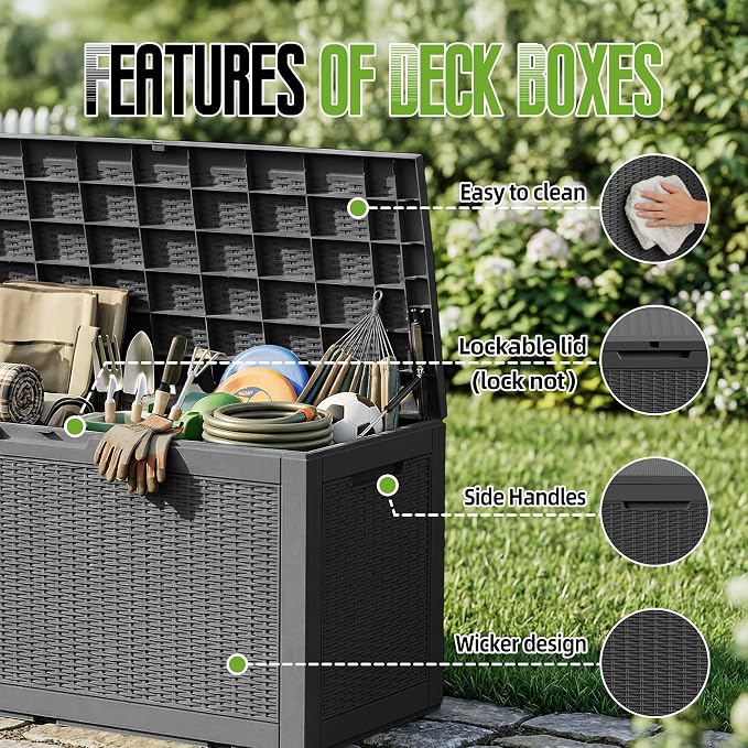 120 Gallon Outdoor Storage Deck Box Waterproof Resin Lockable Outside Bench Porch Patio Furniture Pool Float Garden Tool Cushion UV Resistant Bin Black