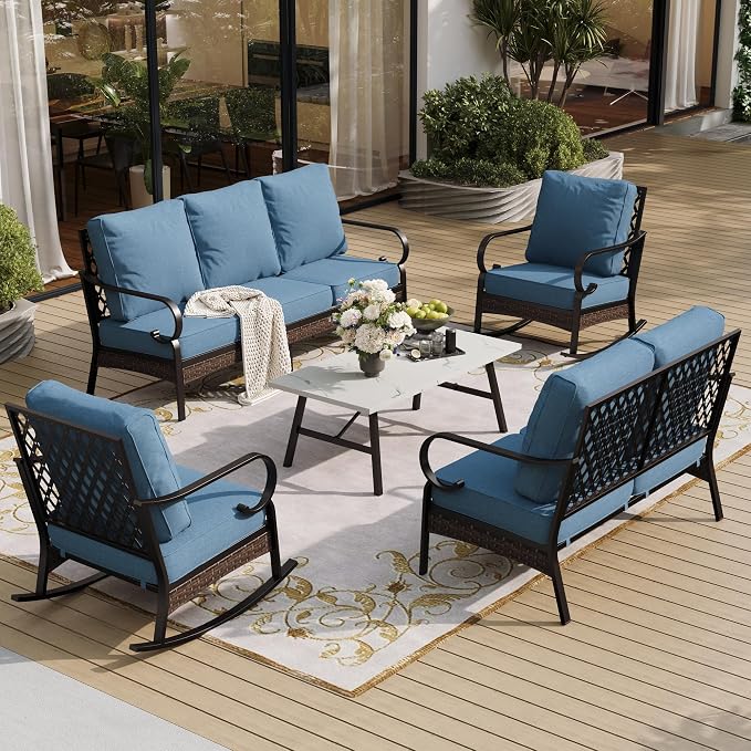 SUNSHINE VALLEY 5 Piece Metal Outdoor Patio Furniture Set, Patio Conversation Set with 3-Seater Sofa, Loveseat, 2 Rocking Sofa (5.75" Thick Cushion) & Coffee Table Black Backyard Furniture, Denim Blue