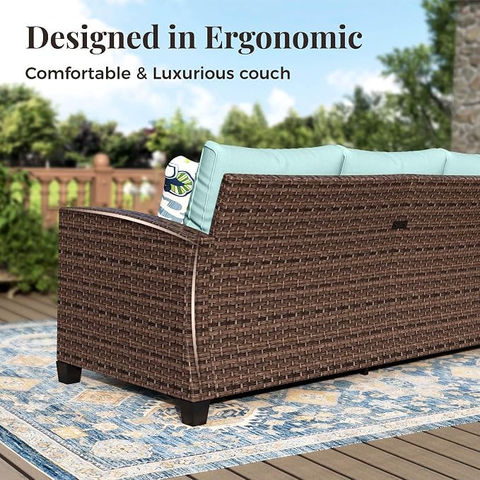 MIXPATIO Swivel Glide Patio Furniture Set, 6 Pcs Wicker Outdoor Conversation Set, 2 x Swivel Chairs, 1 x 3 Seater Sofa and 2 x Ottoman with 4" Thick Cushion and 56" Fire Pit Table, Blue