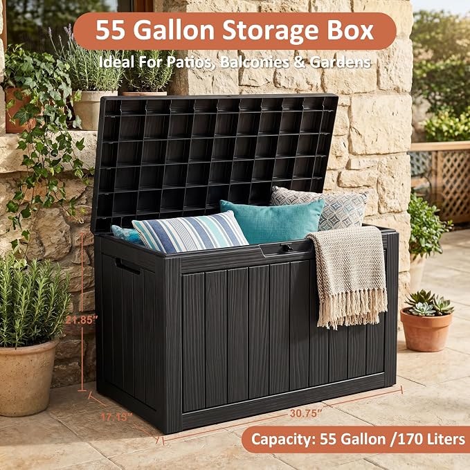 55 Gallon Outdoor Storage Box Waterproof, Small Resin Deck Box with Lockable Lid, UV-Resistant and Weatherproof Outside Storage Bin for Patio Cushions, Garden Tool, Pool Accessories, Furniture, Pillow