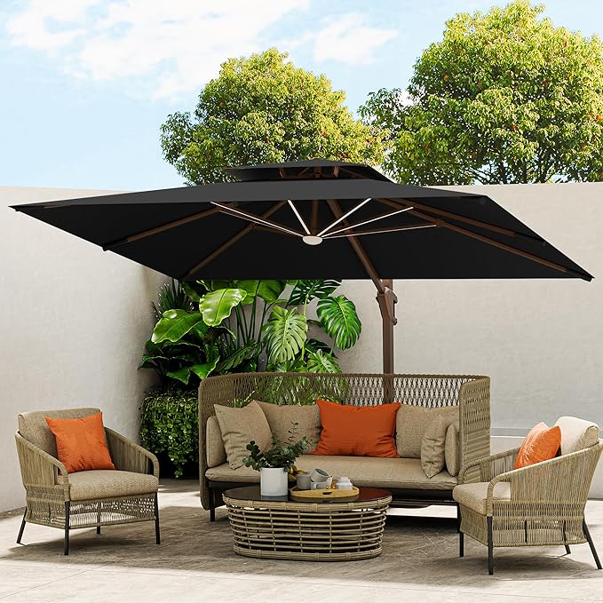 10 X 13 FT Cantilever Outdoor Patio Umbrella with LED Lights Large Heavy Duty 360° Rotation Double Top Offset Rectangular Umbrellas for Backyard Garden Pool Outside Deck, Black