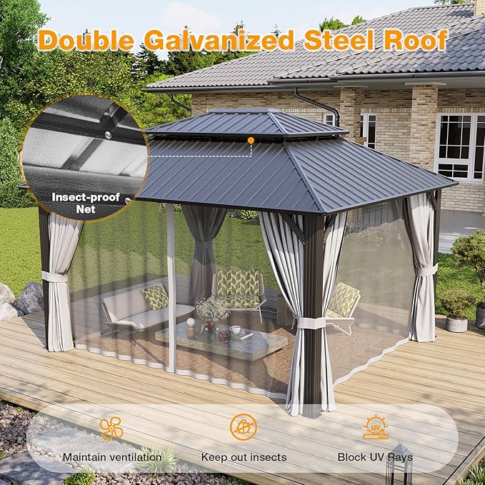 12x14FT Hardtop Gazebo, Metal Frame with Double Galvanized Steel Roof, Permanent Outdoor Pergola with Curtains and Netting Included for Backyard, Patio, Lawn and Garden, Gray