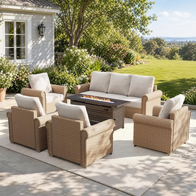 MIXPATIO Patio Furniture Set 6 pcs, Wicker Outdoor Patio Furniture, 3-Seat Sofa, 4 Single Chairs and 56" Gas Fire Pit Table, Rattan Patio Conversation Set for Backyard Deck, Beige