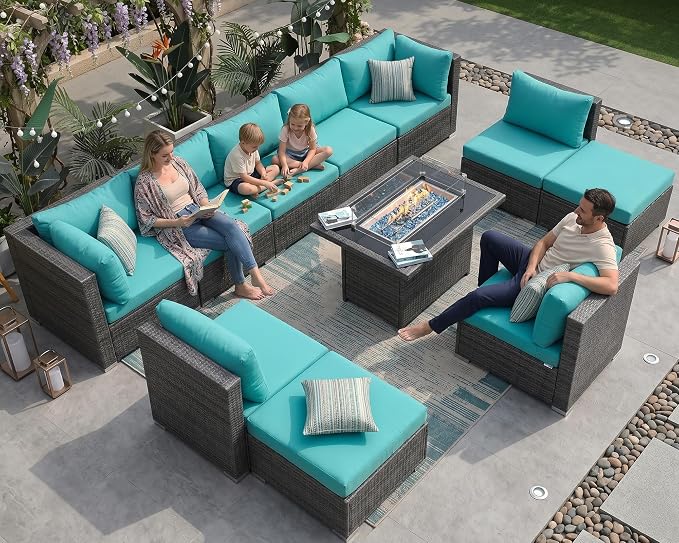 NICESOUL 11 Piece Outdoor Conversation Set, 29.3'' High Back Comfy Wicker Patio Sectionals with Fire Pit Table, Large Size Wide & Deep Seat Sofa Couches, 2 Color Cushion Teal & Gray