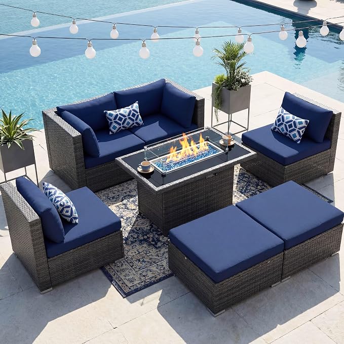 NICESOUL 7 Piece Outdoor Sectional Sofa Set with Firepit Natural Gas & Propane Convertible, Oversized Deep Seating Patio Furniture for Tall Person, 2 Color Cushion Navy & Gray for Easy Maintenance
