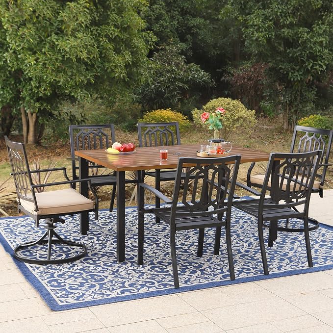 SUNSHINE VALLEY Patio Dining Set,Wood-Like Metal Table w/Umbrella Hole | 60x36 Table&6 Pcs Rust-Proof Stackable Chairs, Outdoor Table and Chairs Set for Backyard Garden Deck