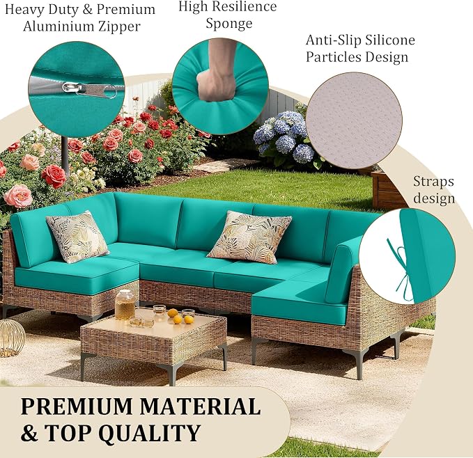 14pc Waterproof Outdoor Couch Cushions for 6 Seat Patio Turquoise | Water-resistant, UV-resistant,14pc High-Density Foam Replacement Cushions for 6-Seat Outdoor Sectional Furniture