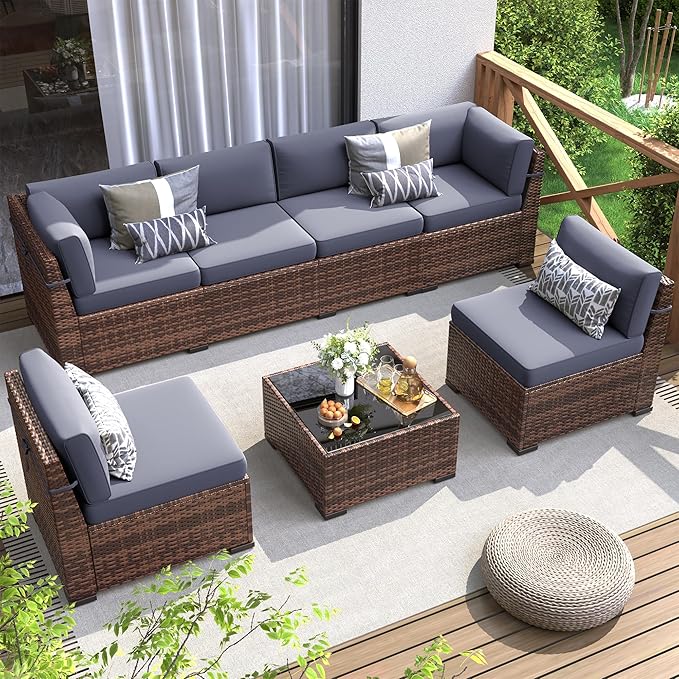 Patio Furniture Set, 7 Pieces Outdoor Modular Conversation Set Wicker Sectional Sofa for All Weather Rattan Patio Couch for Porch Garden Backyard Balcony Poolside (Grey)