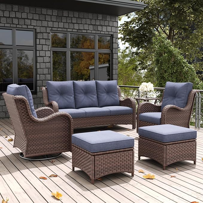 LayinSun 6 Pieces Outdoor Patio Furniture Set, Rattan Wicker Sectional Swivel Rocker Chairs Sets with Ottomans, Swivel Glider Chairs, and Coffee Table