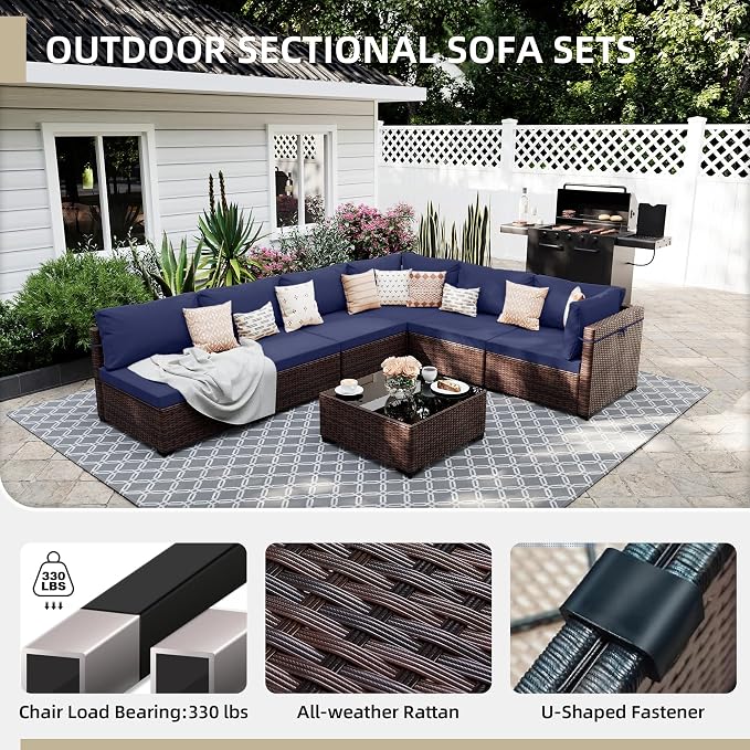UPHA 7 Pieces Patio Furniture Sets, Wicker Outdoor Sectional Sofa Couch with Coffee Table, Patio Conversation Set for Deck Backyard Garden, Brown Rattan, Navy Blue Cushion