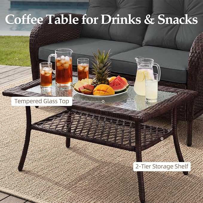 UPHA 5 Pieces Patio Furniture Sets, Wicker Outdoor Loveseat Sofa Set with Swivel Chairs, Patio Conversation Set for Deck Backyard Garden, Brown Rattan, Gray Cushion