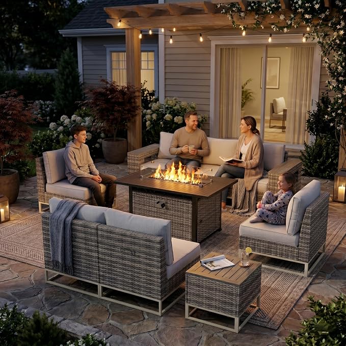 Outdoor Patio Furniture Set 9-Piece PE Rattan Wicker Outdoor Sectional Sofa with 5,000 BTU Fire Pit Table, Modern Modular L-Shaped Conversation Set with Thickened Cushions and Chunky Arms, Slate Grey