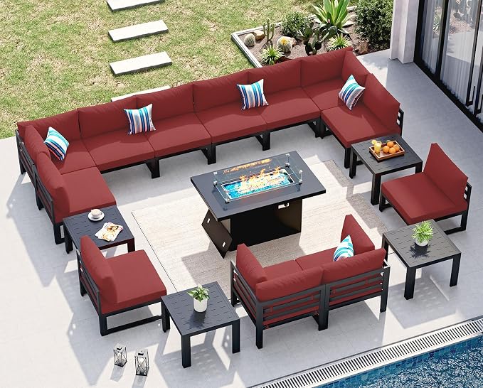 NICESOUL 17 Pcs Large Modern Aluminum Patio Furniture Set with Fire Pit Table Propane/Gas, L Shaped Modular Sectional Sofa with Side Table, All Weather Comfortable Outdoor Couch for Exterior, Burgundy