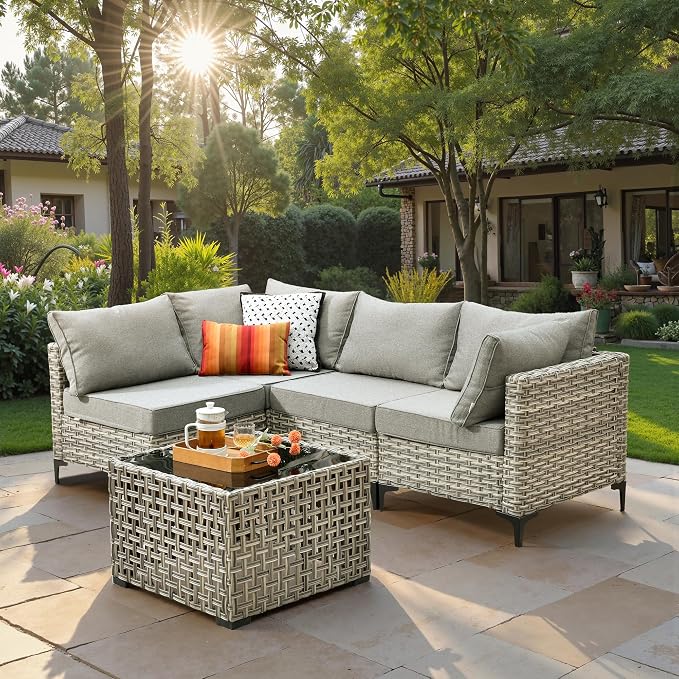 5 Piece Outdoor Patio Furniture with Glowing Coffee Table, Rattan Wicker Conversation Set with Sofa, Sectional Single Chairs for Outside Porch Balcony Backyard Pool,Grey