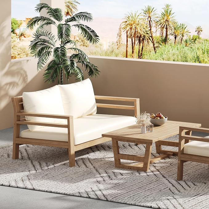 Christopher Knight Home Jamaia 2 Pieces Acacia Furniture Set, Patio Conversation Chat 2-Seat Sofa Set with Coffee Table, Outdoor Acacia Loveseat Set for Garden Porch Backyard Balcony, Light Teak+Beige