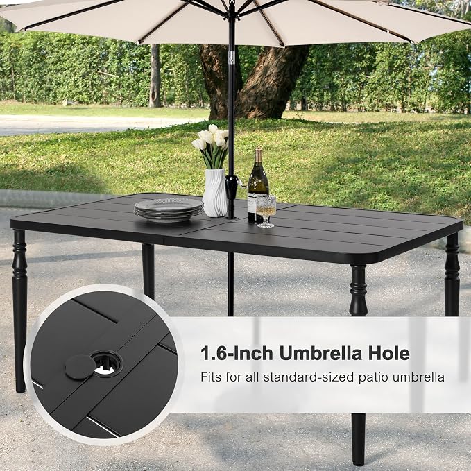 NUU GARDEN 7-Piece Outdoor Metal Dining Set, Well-Ventilated Patio Furniture Set Includes 61” x 37” Table and 6 Stackable Chairs with Lattice Pattern for Garden, Backyard, Poolside, Black