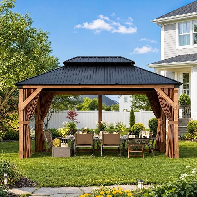 10x12FT Hardtop Wood Gazebo, Cedar Frame Outdoor Pavilion with Double Galvanized Steel Roof, Curtains and Netting Included, Ceiling Hook for Patio Backyard Deck Lawn Garden, Khaki