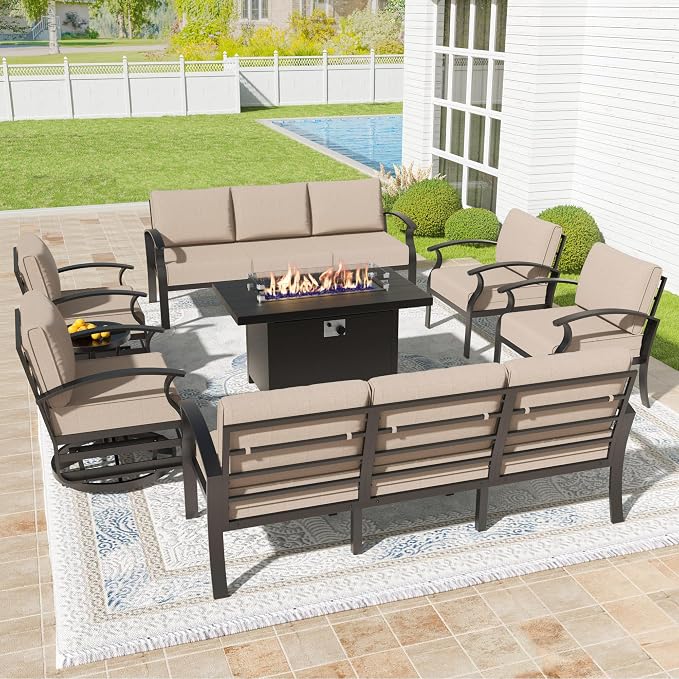 Kullavik Aluminum Patio Furniture Set,8 Piece Modern Metal Outdoor Patio Furniture w/5.1'' Thick Cushion,Swivel Chairs and 45" Propane Fire Pit Table,Patio Conversation Sets for Porch,Deck,Sand